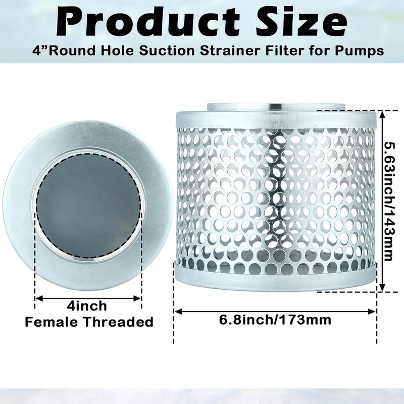 Tujoe 4 Inch Round Hole Suction Strainer Filter Carbon Steel Plated Npt Thread Hose Water Pump Inlet Strainer for Remove Debris Trash Reduces Solids Entering - Image 2